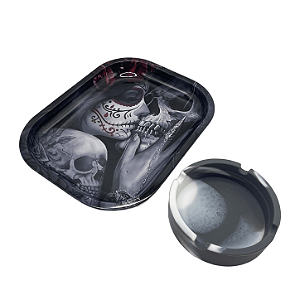 Kit Bandeja Metal La Catrina Skull Love + Cinzeiro Silicone Preto