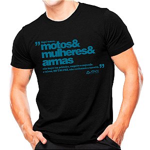 Camiseta Militar Preta Estampada Motos Mulheres e Armas