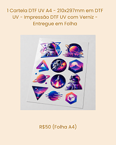 1 Cartela DTF UV A4 - 210x297mm em DTF UV - Impressão DTF UV com Verniz - Entregue em Folha