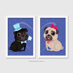 Kit Quadro Casal Pug Macho e Pug Fêmea - 2 Quadros