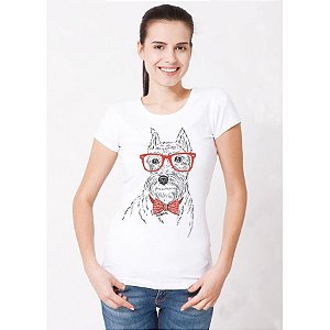 Camiseta Baby Look Schnauzer de Óculos e Gravatinha