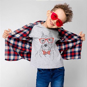 Camiseta Infantil Schnauzer de Óculos e Gravatinha
