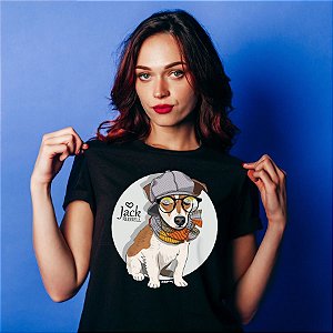 Camiseta Baby Look Jack Russell de Óculos e Cachecol