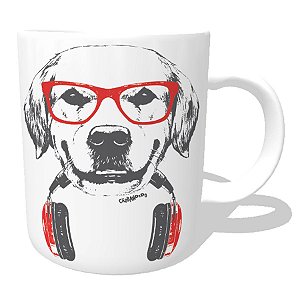 Caneca Golden Retriever de Óculos e Fone de Ouvidos