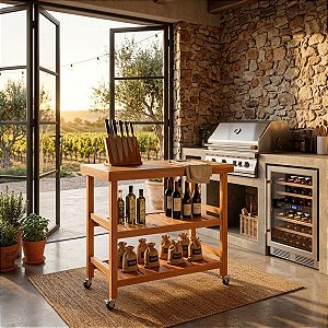 Carrinho Gourmet Multiuso Madeira Eucalipto Auxiliar Rodas