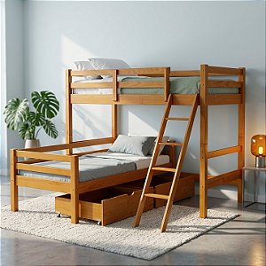 Cama Beliche L Solteiro Madeira Macica 2 Gavetoes