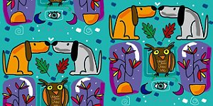Tecido Cachorrinhos e corujas