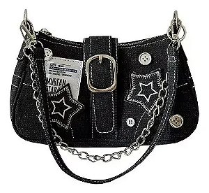Bolsa Baguete Tessary Rock Gotic Jeans Preta Alça E Corrente