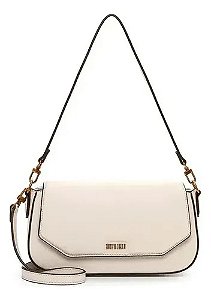 Bolsa Baguete Média Tiracolo Couro Texturizado Alça Dupla Creme Riscado Metal Dourado