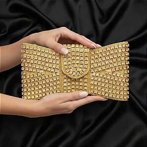 Bolsa Festa Strass Clutch Luxo Dourado Prata Laço Casamento