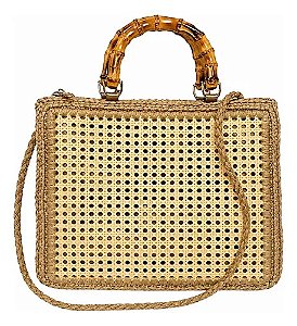 Bolsa Quadrada Palha Praia Feminina Alça Bambu Transversal