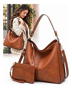 Bolsa Tote Feminina Grande de Couro PU Marrom com Carteira e Alça Transversal