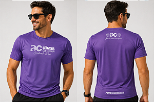 Camiseta Divas Que Correm Virtual Run Roxa Masculina em Poliamida.