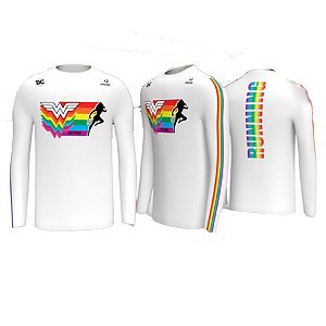 Camiseta Manga Longa PRIDE Mulher Maravilha Mescla Poliéster e Poliamida Branca