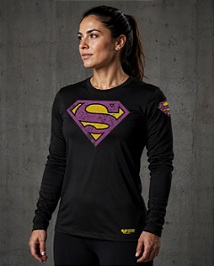 Camiseta Manga Longa Supergirl Preta em Poliéster