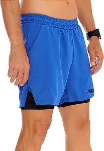 Bermuda Dupla de Compressão Mania de Corrida Azul Royal Masculina com Bolsos