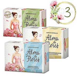 3 Sabonetes Alma de Flores Feminino 130 gr (Clássico, Herbal e Flores Brancas)
