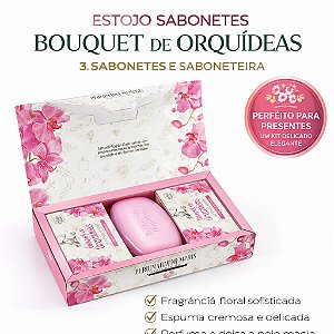 Estojo Com 3 Sabonetes Bouquet de Orquídeas + 1 Saboneteira - Alma De Flores