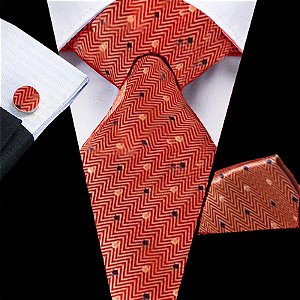 KIT Caixa de Presente, Gravata Tradicional, Lenço e Abotoadura Estampa Vermelha