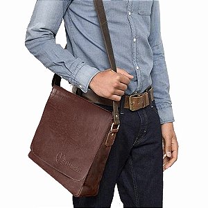 Bolsa Carteiro Média Unissex Couro Sintético Marrom com espaço para água