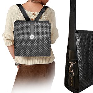 Mochila Carteiro Feminina Conversível Transforma em bolsa Espaço p/água MC-41P Preto tricê