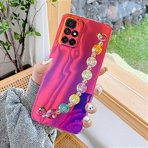 Capa espelhada 3d, cor vermelho fluorescente de néon laser macia para telefone Redmi 10 com alça de mão.