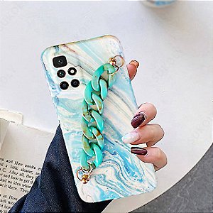 Capa de corrente de pulseira para Redmi 10 com alça de mão, capa protetora de TPU macio com estampa mármore - Azul