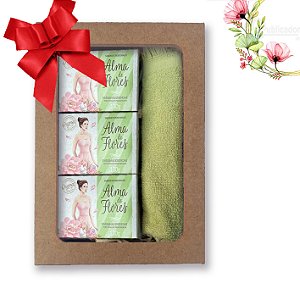Kit 10 Presente Feminino Alma de Flores Clássico 3 Sabonetes + Toalha de Lavabo + Caixa