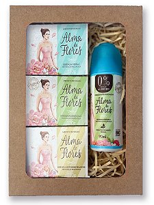 Kit Presente Alma de Flores Feminino – 3 Sabonetes (Clássico, Herbal e Flores Brancas) + Desodorante Spray Classic