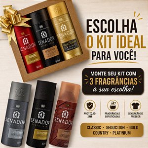 Kit Presente Masculino Senador- 3 Desodorantes Aerosol 90ml | Escolha as Fragrâncias | Classic, Seduction, Gold Country