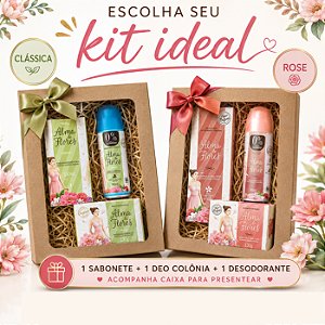 Kit Presente Alma de Flores Clássica ou Rose | Deo Colônia 120ml + Desodorante 90ml + Sabonete 130g + Caixa Presente