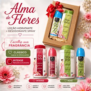 Kit Alma de Flores Talco Perfumado 100g + 1 Desodorante Spray 90ml+ caixa | Escolha Intense ou Clássico