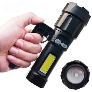 Lanterna Tática Recarregável com Zoom Telescópico – USB-C, Power Bank e Luz Lateral