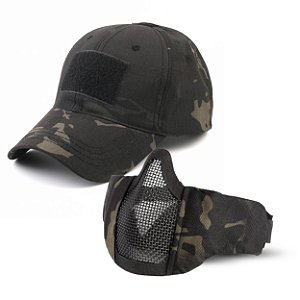 Kit Mascara Meia Face Comfort + Boné Tático Militar Com Velcros - Multicam Black