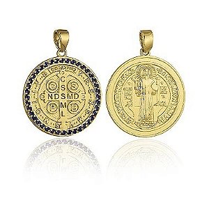 Medalha de São Bento em Prata Banhada Ouro e Safiras
