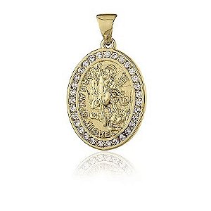 Medalha Arcanjo São Miguel em Prata Folheada Ouro 18k com Diamantes