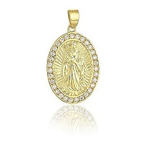 Medalha Santa Ana em Prata 925 Folheada Ouro 18k com Diamantes