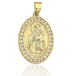 Medalha Mãe Rainha em Prata com Banho de Ouro e Diamantes