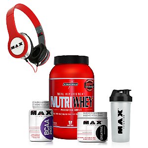 Kit Whey Nut + Bcaa + Creatina + Coq + Fone - Max Titanium