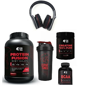Kit Whey Protein Fusion + Bcaa + Creatina + Coqueteleira+ Fone de ouvido