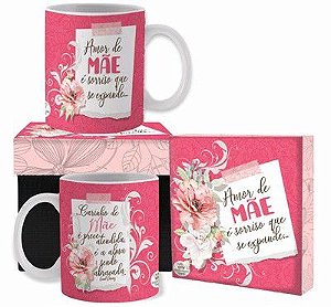 Caneca cerâmica com Caixa- Amor de Mãe é sorriso....