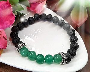 Pulseira Masculina de Quarzto Verde e pedra Vulcanica