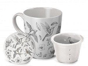 Caneca com Infusor Porcelana - Passaros