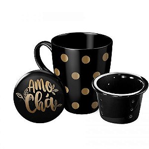 Caneca com Infusor Porcelana - Amo Chá preta