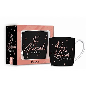Caneca de Porcelana - Fé e Gratidão - Preta com Rose Gold