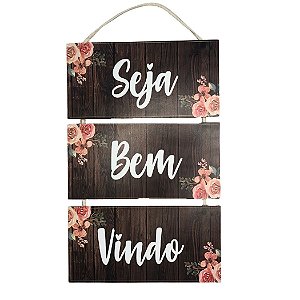 Placa de Madeira Seja Bem Vindo Marrom - 3 peças