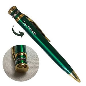 Caneta Metal Executiva Personalizada com Nome - Verde com Dourado e Prata