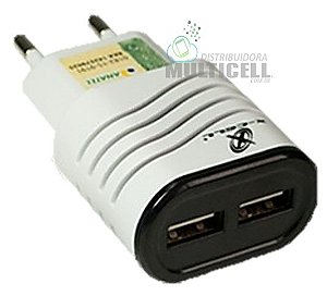 FONTE USB 5V 2.1A COM DUAS ENTRADAS X-CELL BRANCA ORIGINAL