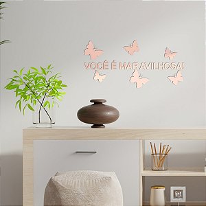 Espelho "Você é maravilhosa!" 50cm com Borboletas - Rosa