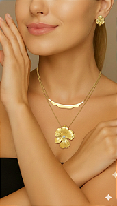Conjunto Colar e Brinco Flor Dourado Aço Inoxidável
